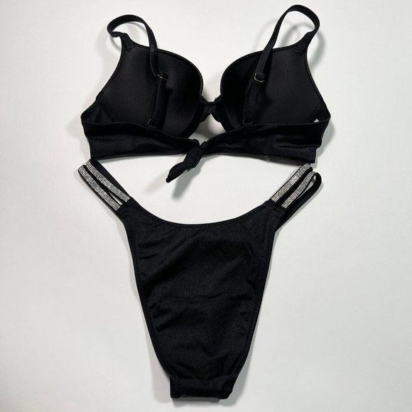 Victoria Secret 38C L VERY SEXY Push Up Bikini Top Bottom Set Shine Strap Black - Picture 5 of 9